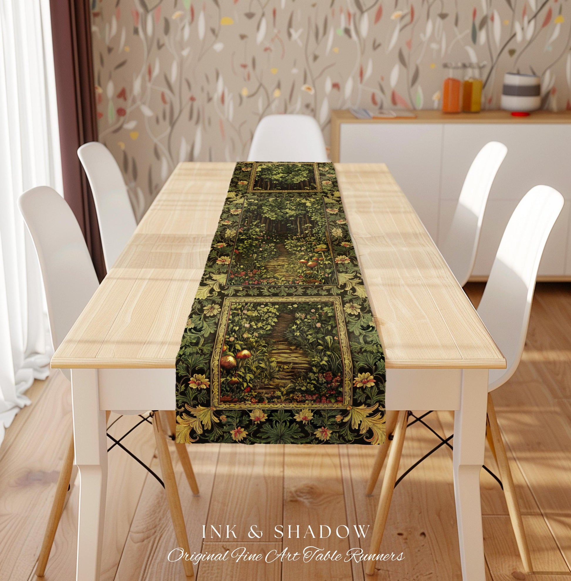 Fairytale Forest Botanical Table Runner | Mystic Aesthetic Woodland Home Magical Cottagecore Plant Loving Decor Housewarming Gift Emerald |