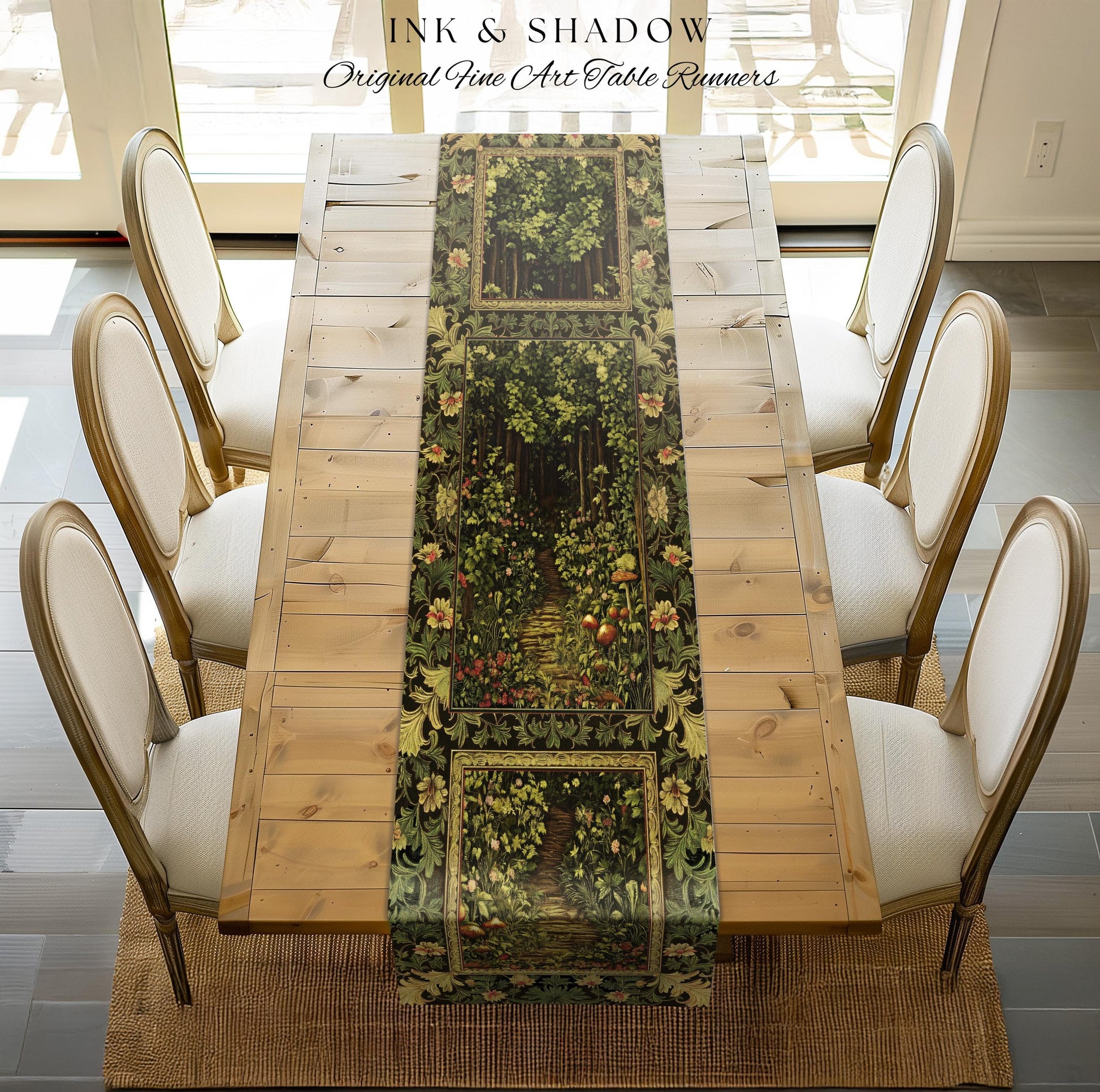 Fairytale Forest Botanical Table Runner | Mystic Aesthetic Woodland Home Magical Cottagecore Plant Loving Decor Housewarming Gift Emerald |
