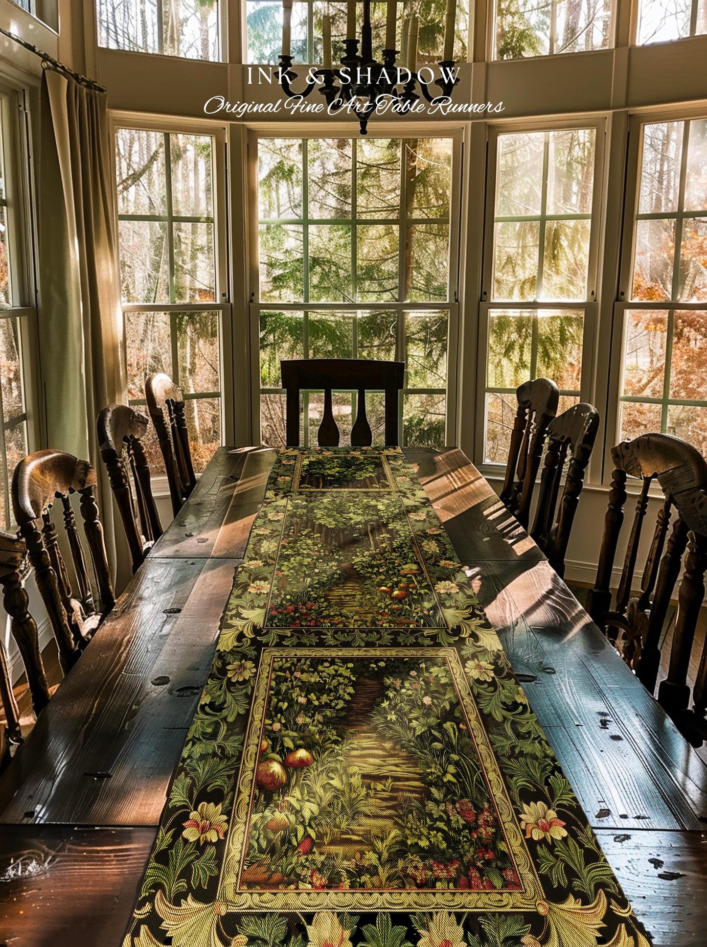 Fairytale Forest Botanical Table Runner | Mystic Aesthetic Woodland Home Magical Cottagecore Plant Loving Decor Housewarming Gift Emerald |