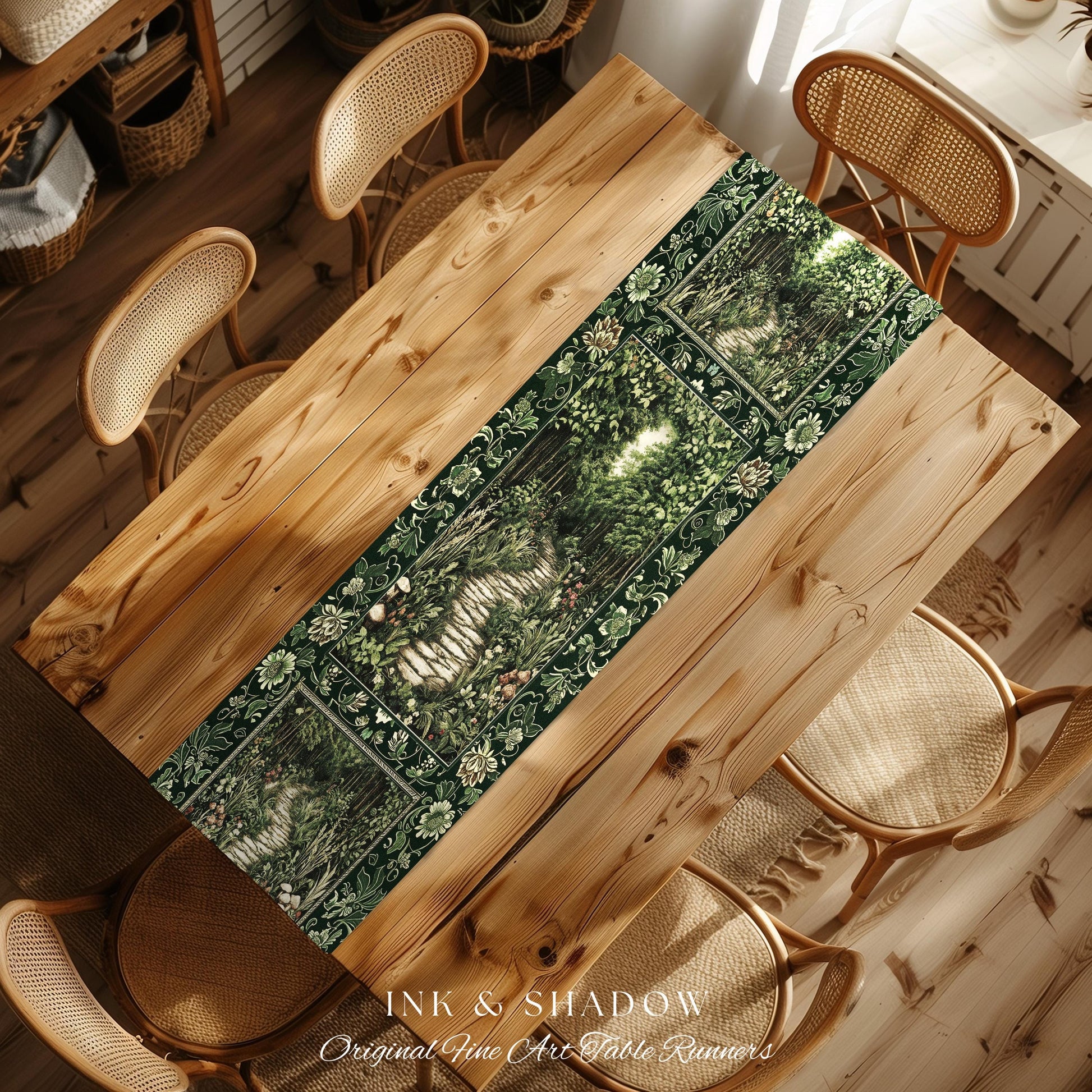 Ethereal Woodland Meadow Table Runner | Dark Academia Folklore Fairy Core Aesthetic Magical Dining Room Emerald Green Home Decor Botanical