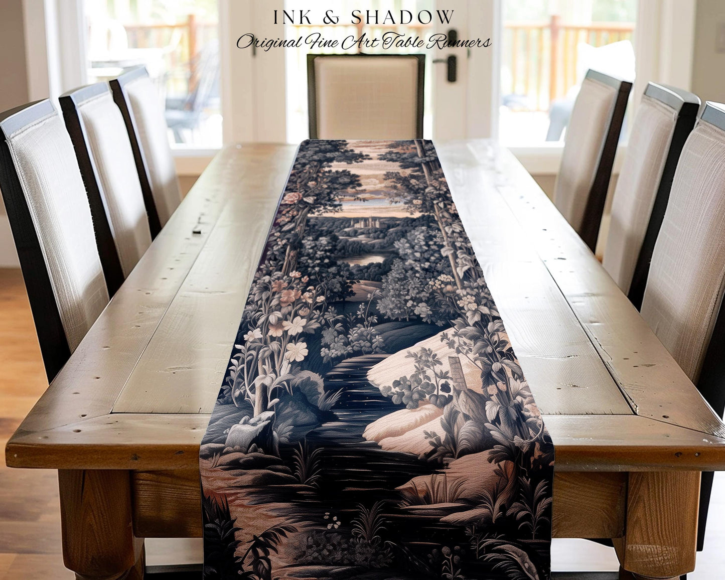Pastel Fairy Aesthetic Table Runner | Ethereal Woodland Royalcore Rosy Dining Room Botanical Landscape Medieval Princess Rustic Housewarming