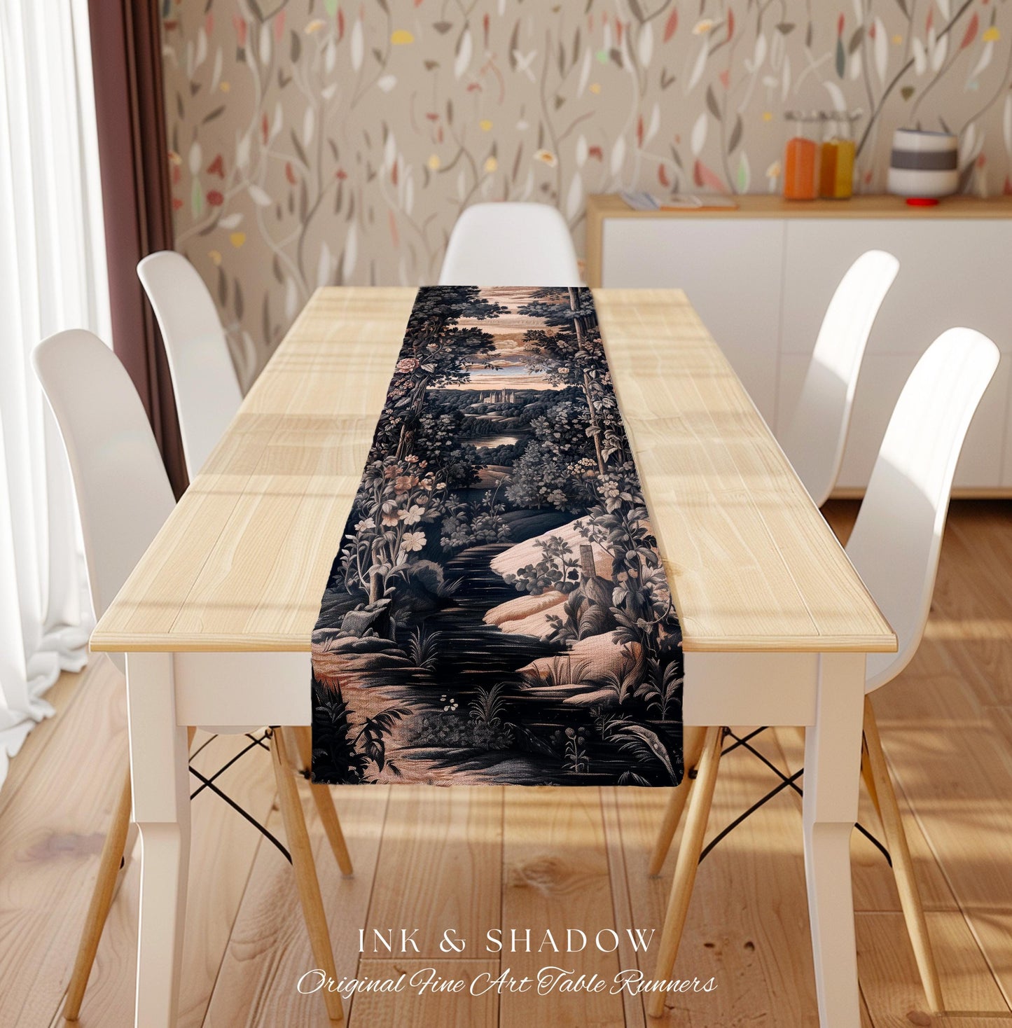 Pastel Fairy Aesthetic Table Runner | Ethereal Woodland Royalcore Rosy Dining Room Botanical Landscape Medieval Princess Rustic Housewarming
