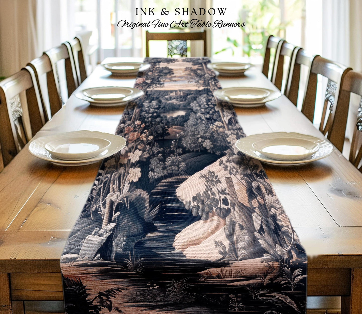 Pastel Fairy Aesthetic Table Runner | Ethereal Woodland Royalcore Rosy Dining Room Botanical Landscape Medieval Princess Rustic Housewarming