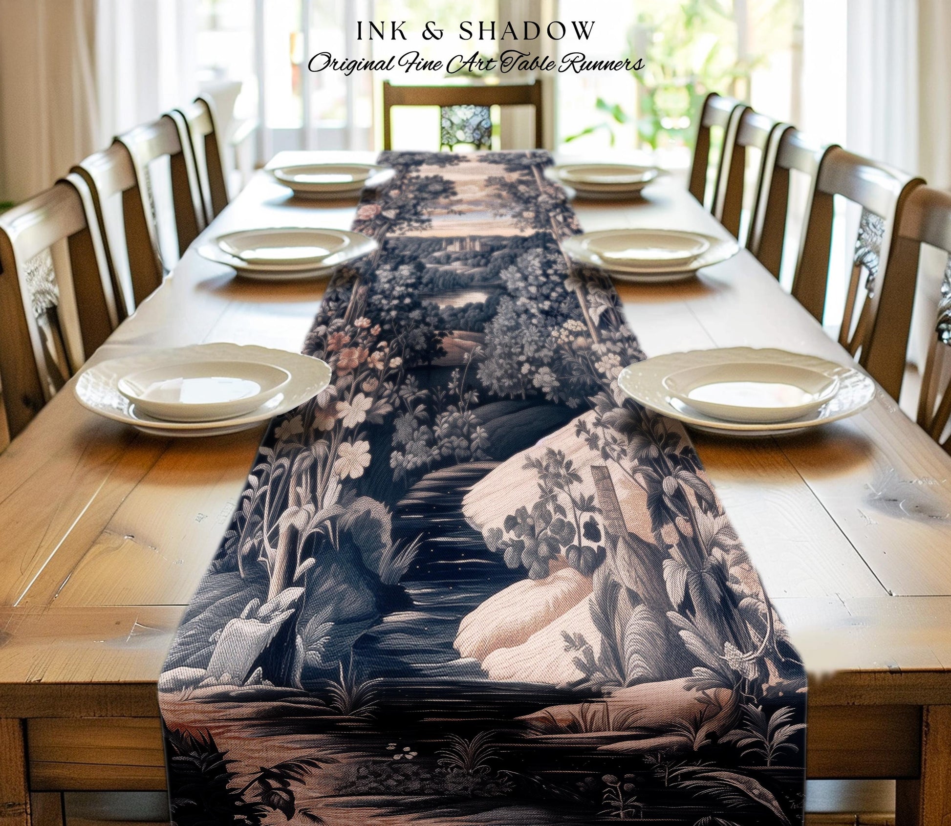 Pastel Fairy Aesthetic Table Runner | Ethereal Woodland Royalcore Rosy Dining Room Botanical Landscape Medieval Princess Rustic Housewarming