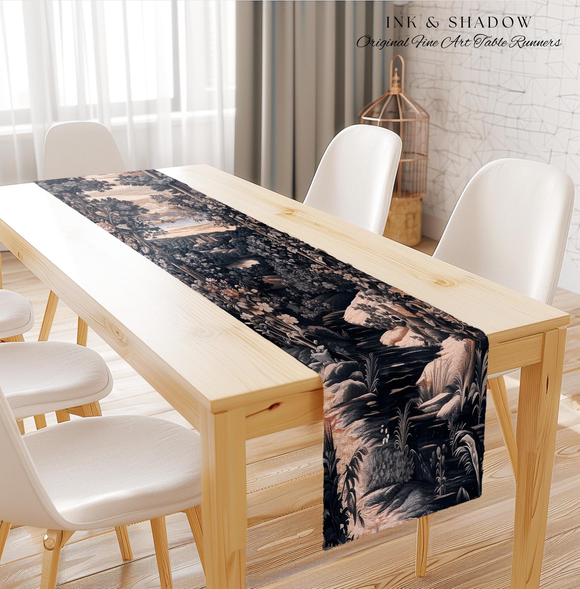Pastel Fairy Aesthetic Table Runner | Ethereal Woodland Royalcore Rosy Dining Room Botanical Landscape Medieval Princess Rustic Housewarming