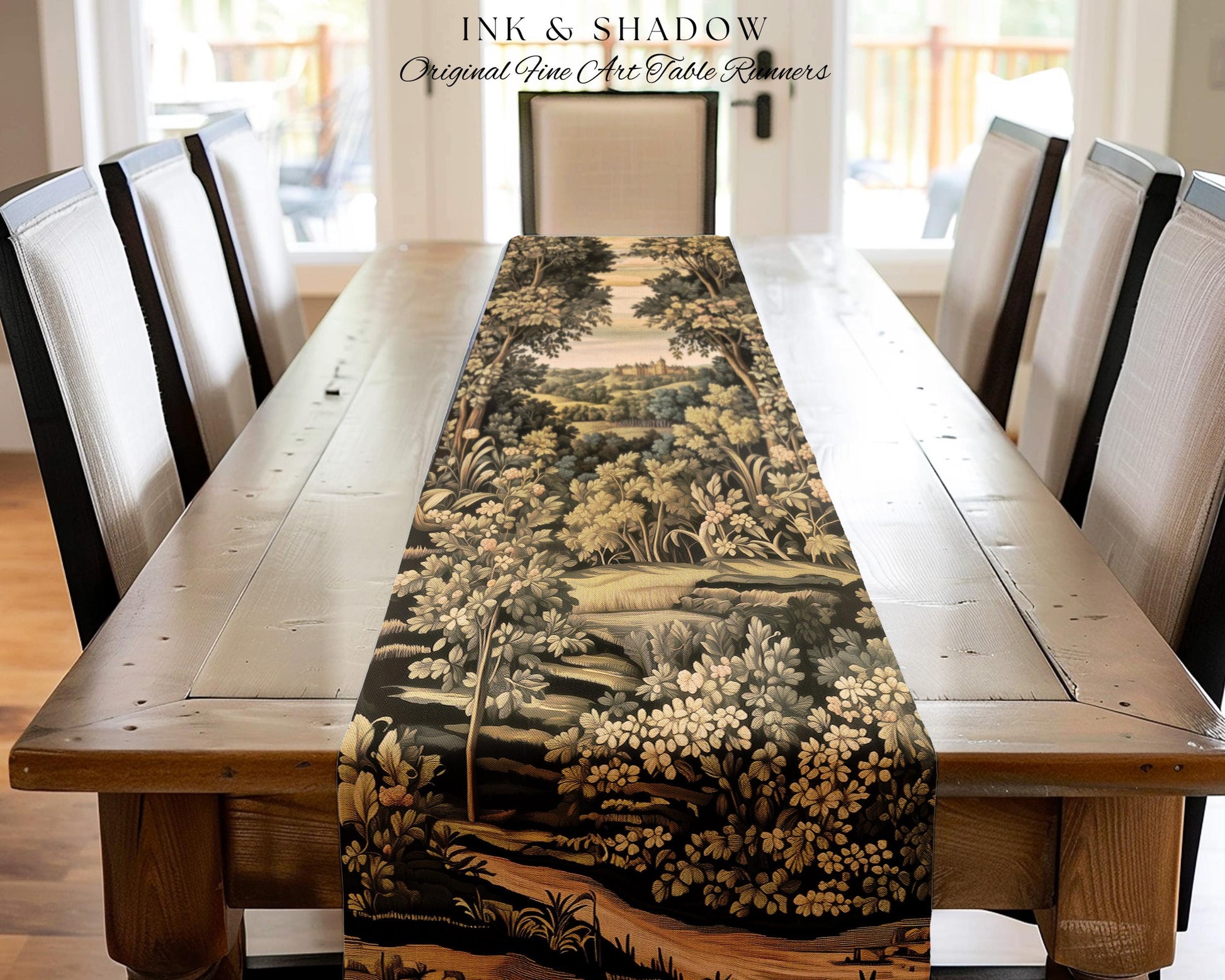 Medieval Meadow Table Runner | Rustic Fairytale Castle Landscape Woodland Fairy Folklore Princesscore Aesthetic Mystic Victorian Floral Home