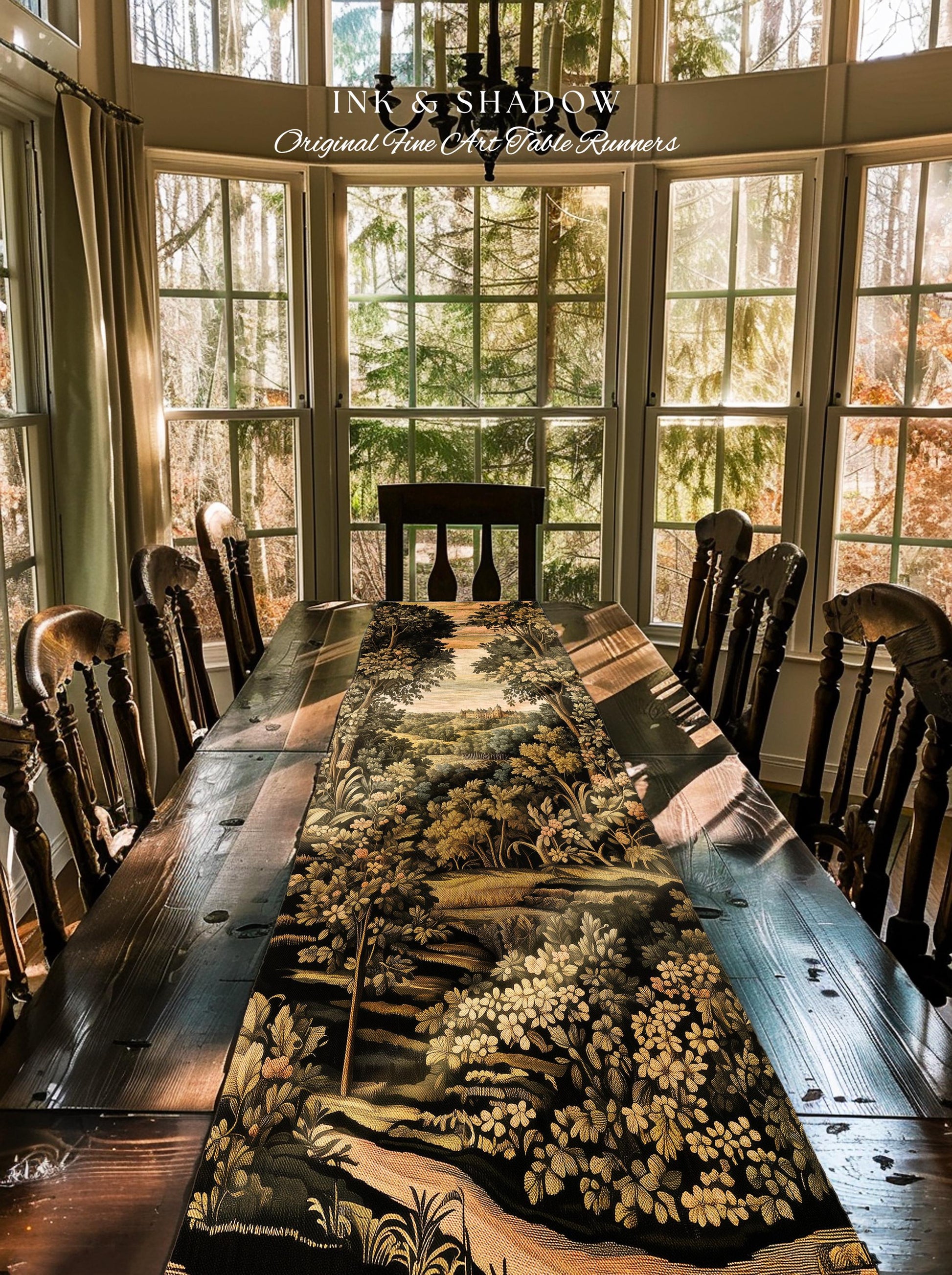 Medieval Meadow Table Runner | Rustic Fairytale Castle Landscape Woodland Fairy Folklore Princesscore Aesthetic Mystic Victorian Floral Home