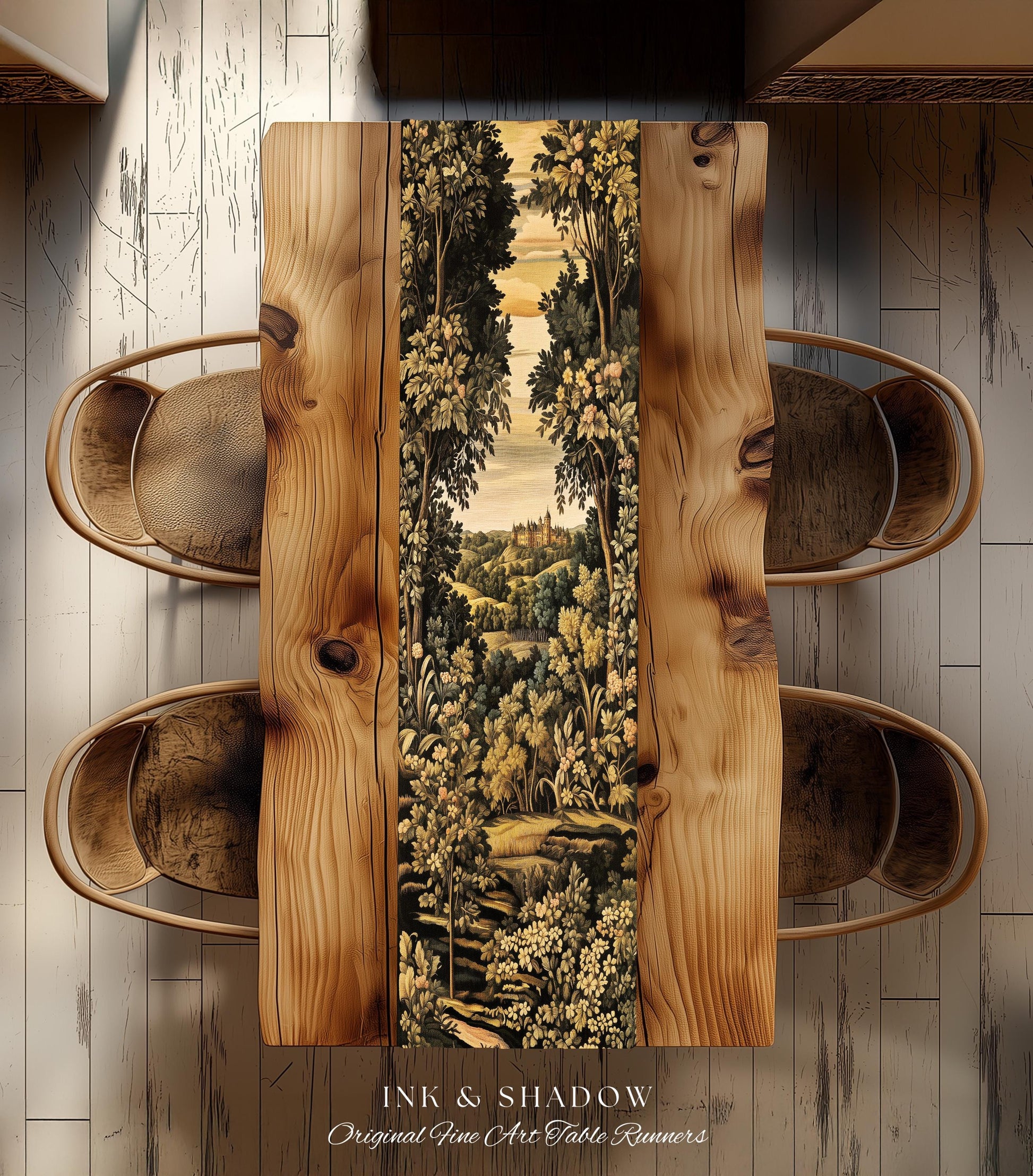 Medieval Meadow Table Runner | Rustic Fairytale Castle Landscape Woodland Fairy Folklore Princesscore Aesthetic Mystic Victorian Floral Home