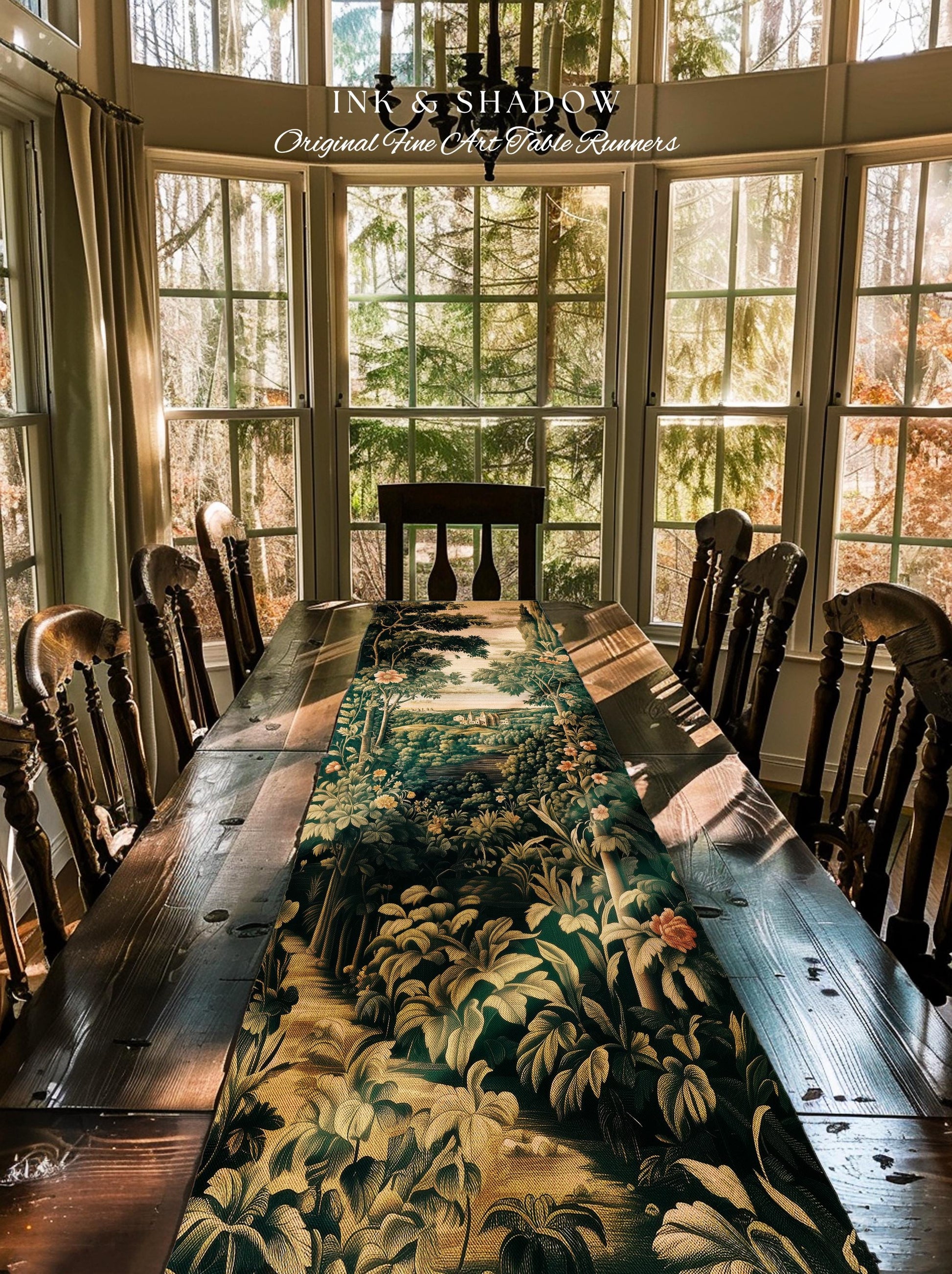 Princess Medieval Table Runner | Rustic Floral Landscape Whimsigoth Castle Ethereal Dining Room Aesthetic Botanical Woodland Goth Romantic |