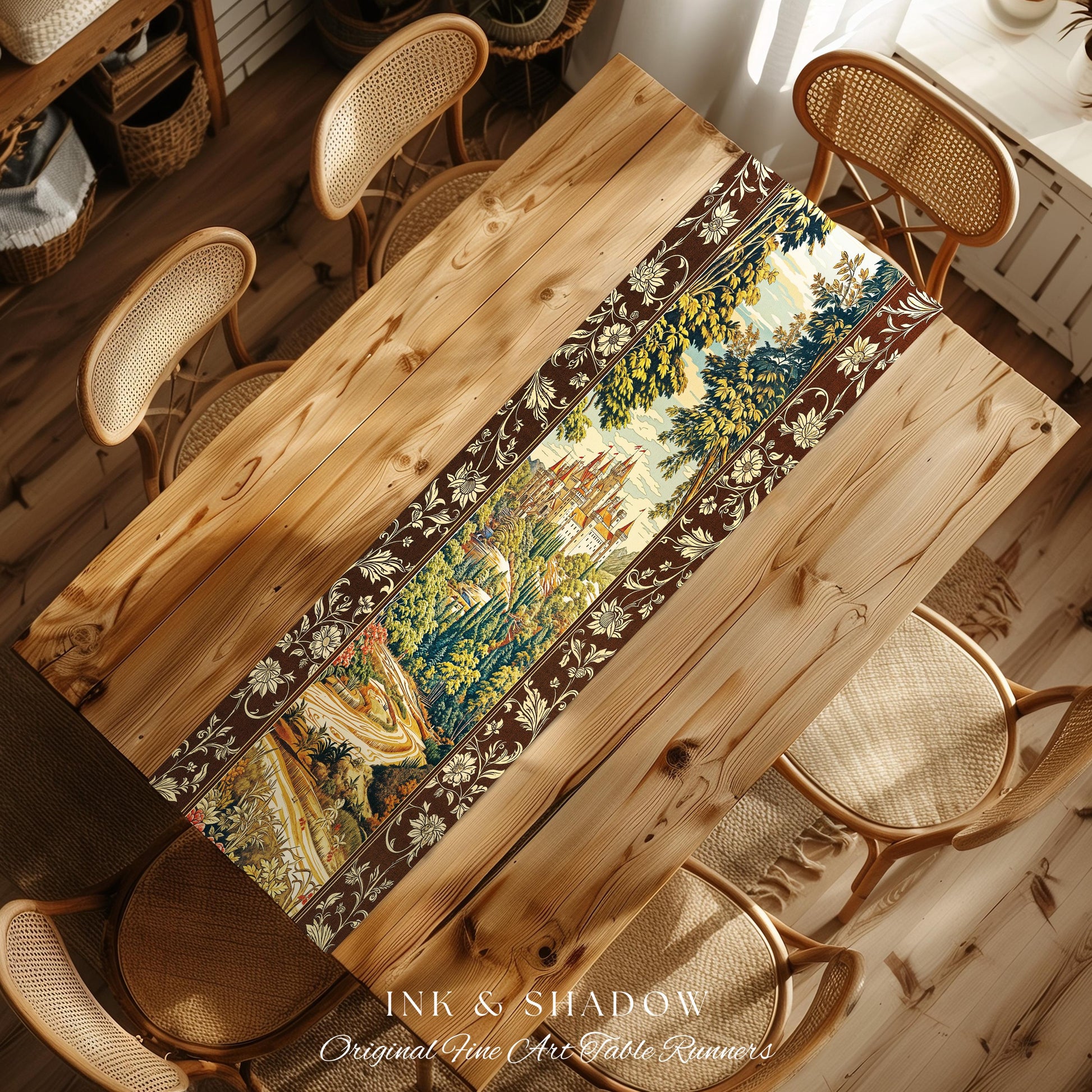 Book Nook Fairytale Castle Table Runner, Woodland Fairycore Bohemian Folklore Aesthetic Magical Landscape Forestcore Dark Academia Decor |