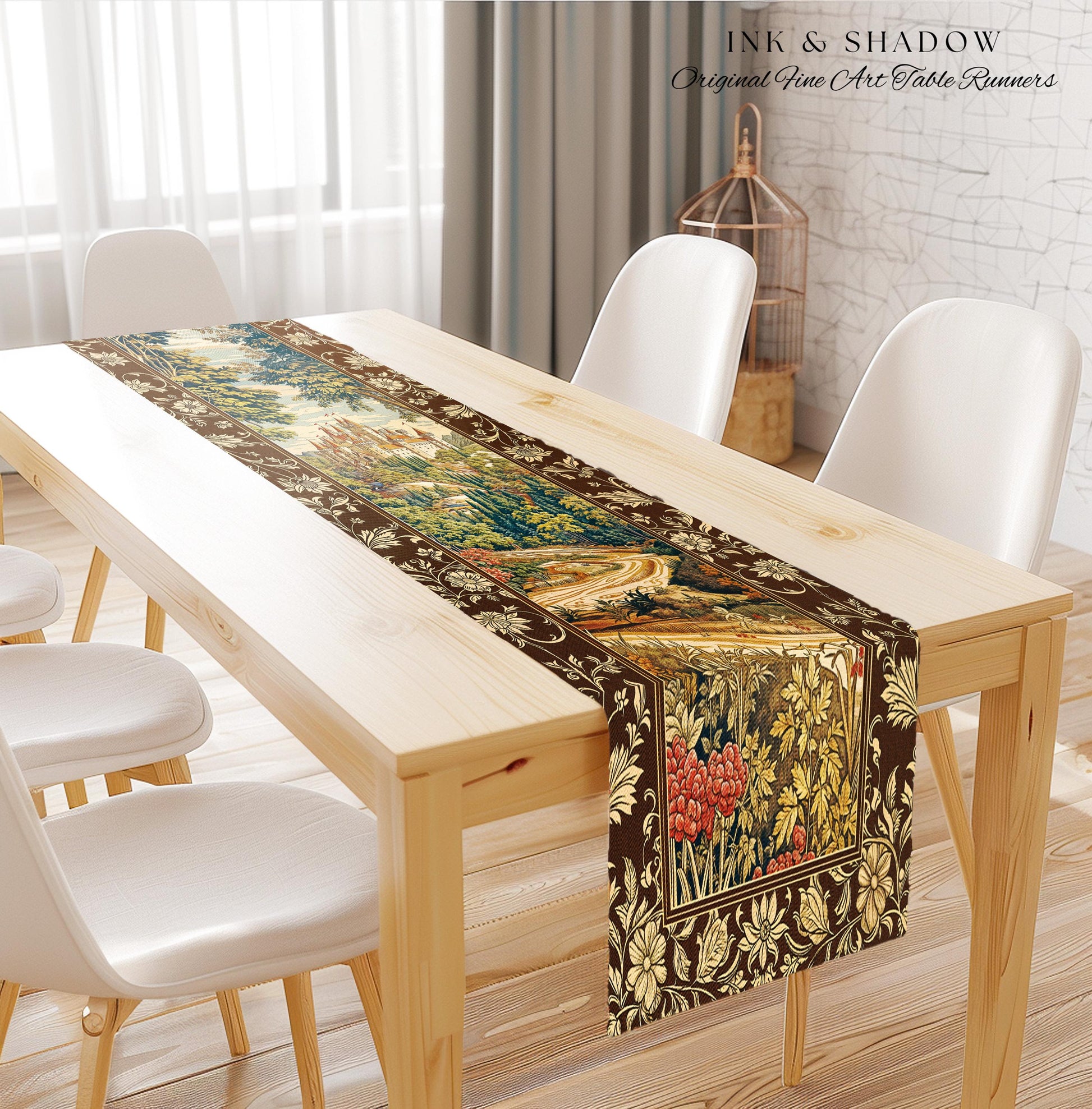 Book Nook Fairytale Castle Table Runner, Woodland Fairycore Bohemian Folklore Aesthetic Magical Landscape Forestcore Dark Academia Decor |