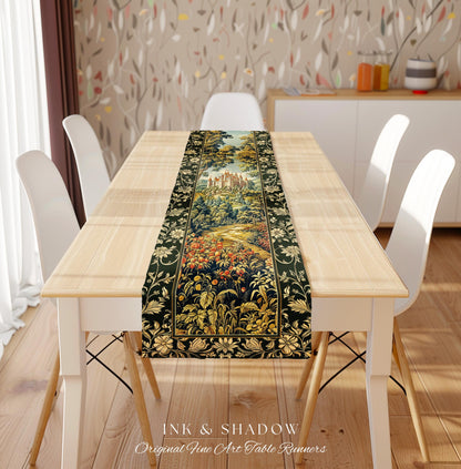 Mystic Castle Book Nook Table Runner Ethereal Fairycore Folklore Aesthetic | Magical Woodland Botanical Linens Dark Academia Indie Decor |