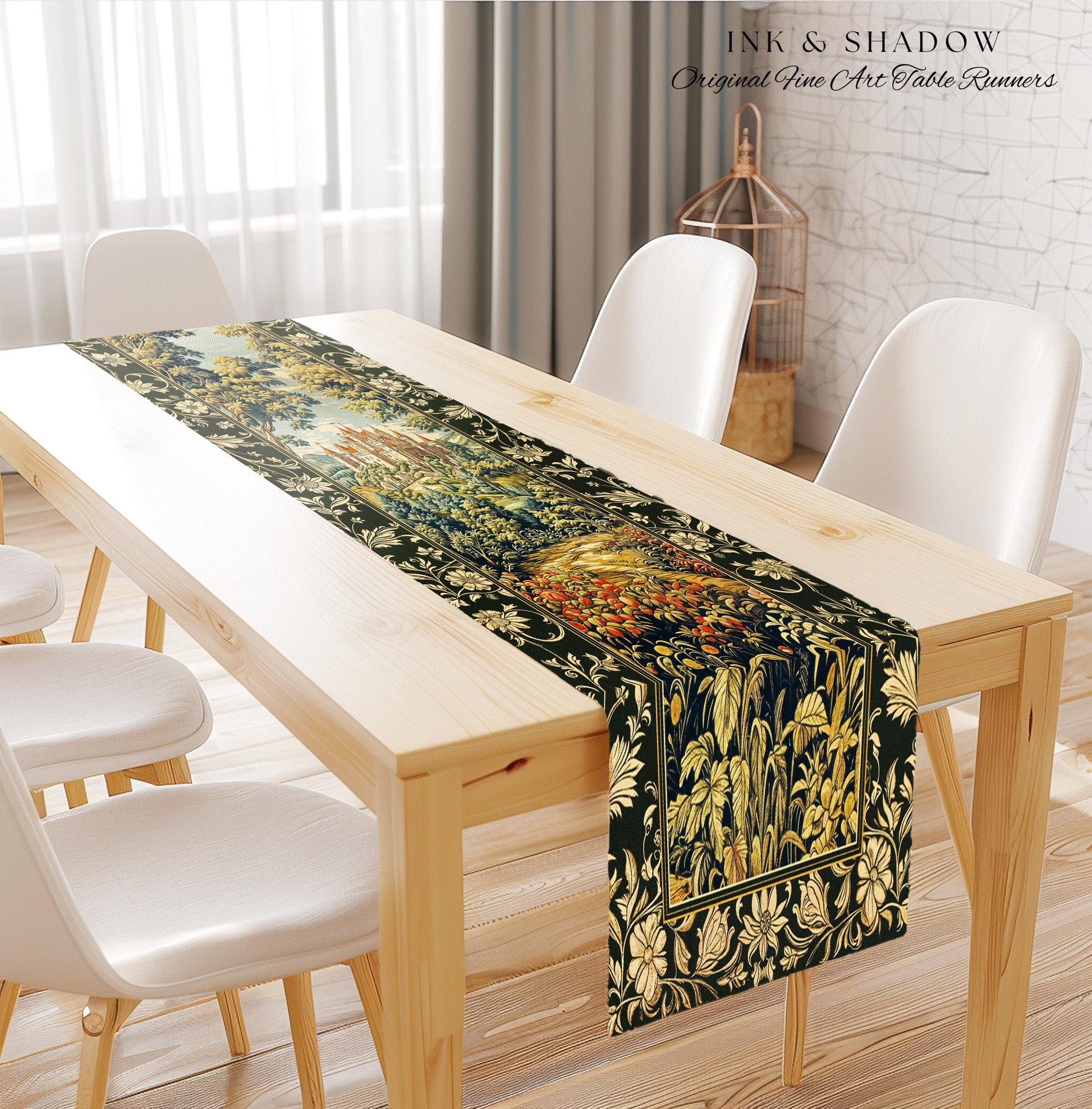 Mystic Castle Book Nook Table Runner Ethereal Fairycore Folklore Aesthetic | Magical Woodland Botanical Linens Dark Academia Indie Decor |