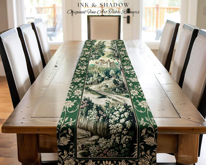 Medieval Castle Woodland Forest Table Runner Forestcore Dark Academia Fairytale Decor | Fairycore Magical Emerald Green Landscape Botanical