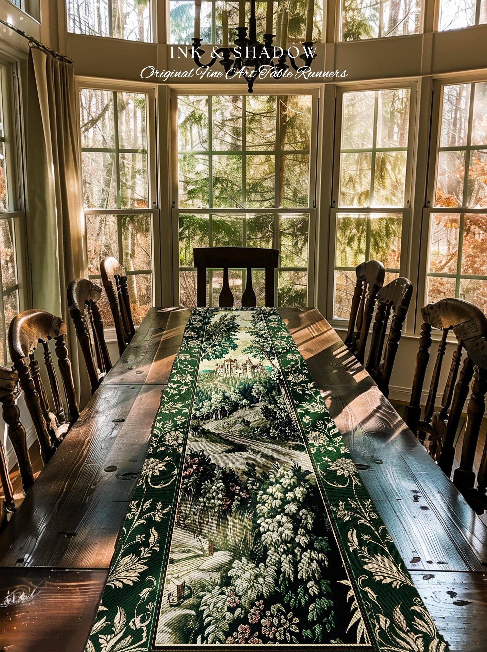 Medieval Castle Woodland Forest Table Runner Forestcore Dark Academia Fairytale Decor | Fairycore Magical Emerald Green Landscape Botanical