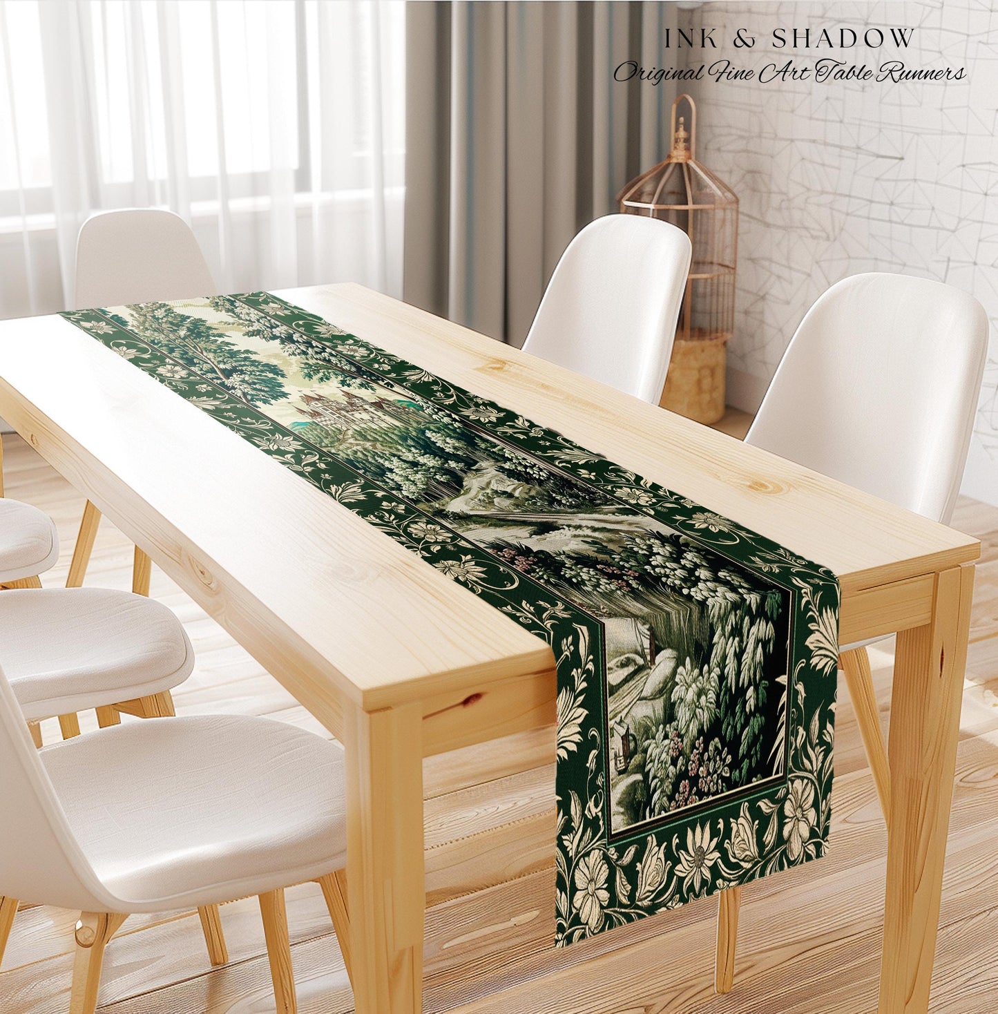 Medieval Castle Woodland Forest Table Runner Forestcore Dark Academia Fairytale Decor | Fairycore Magical Emerald Green Landscape Botanical