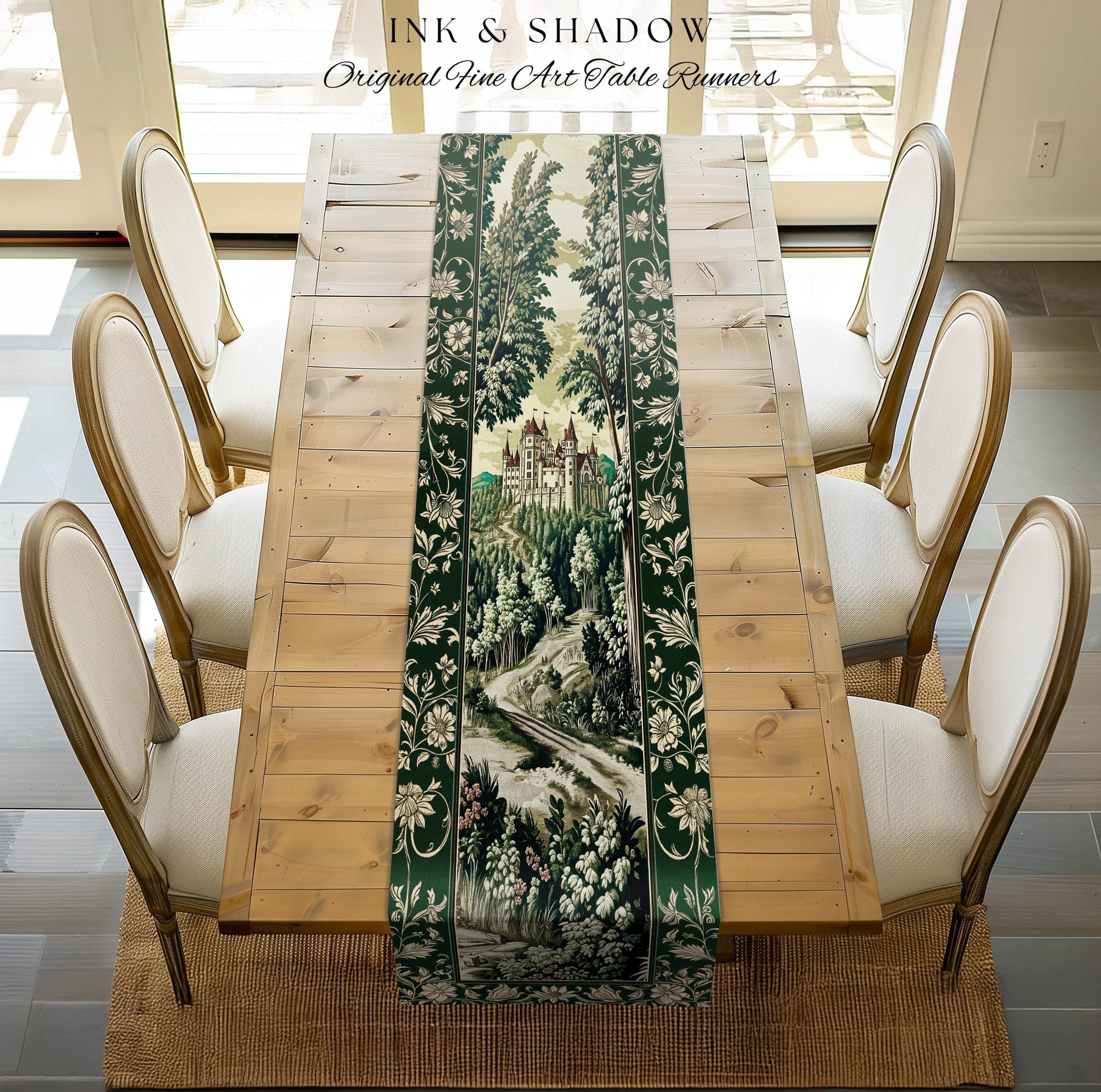 Medieval Castle Woodland Forest Table Runner Forestcore Dark Academia Fairytale Decor | Fairycore Magical Emerald Green Landscape Botanical