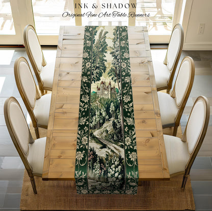 Medieval Castle Woodland Forest Table Runner Forestcore Dark Academia Fairytale Decor | Fairycore Magical Emerald Green Landscape Botanical