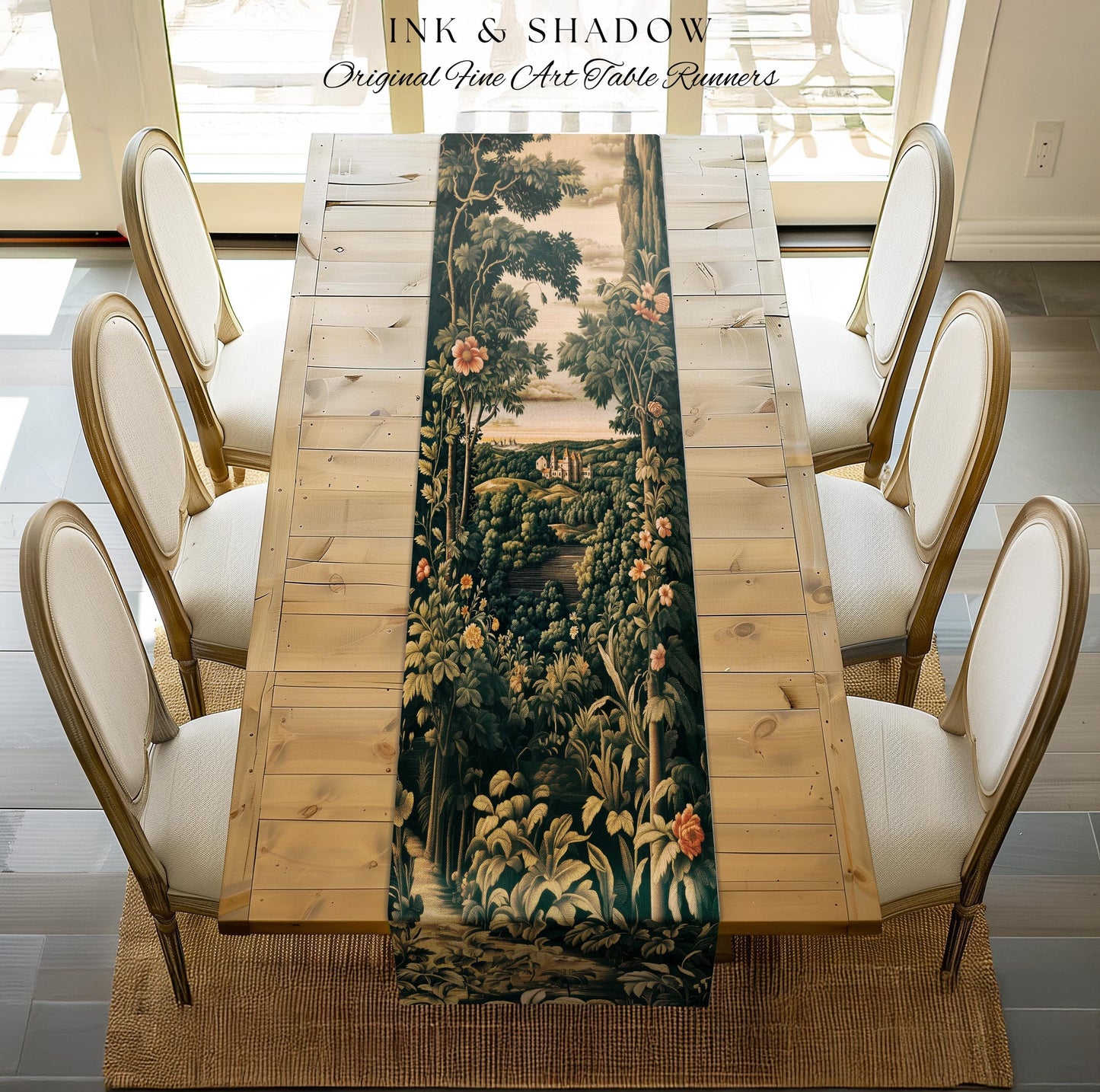 Princess Medieval Table Runner | Rustic Floral Landscape Whimsigoth Castle Ethereal Dining Room Aesthetic Botanical Woodland Goth Romantic |