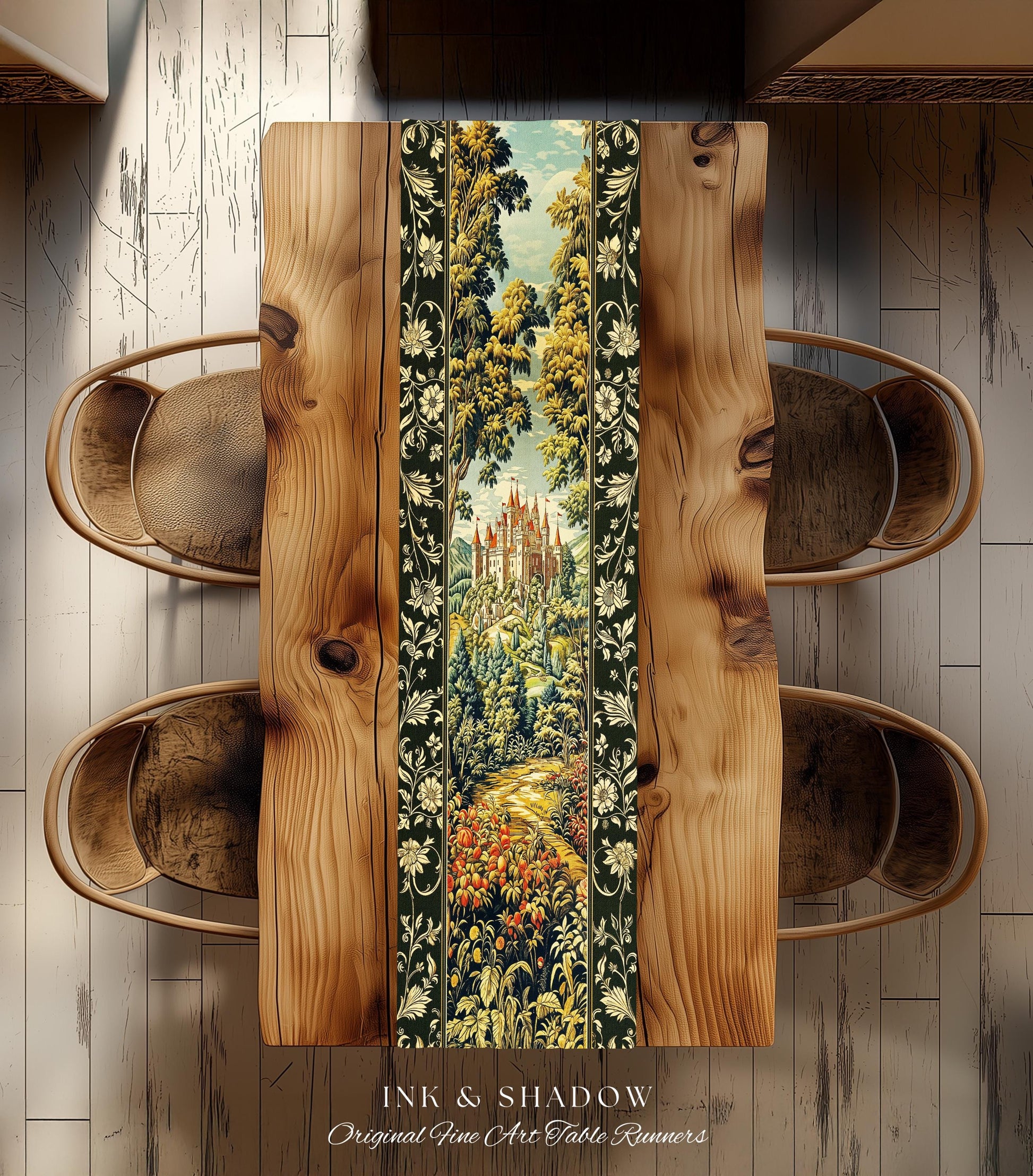 Mystic Castle Book Nook Table Runner Ethereal Fairycore Folklore Aesthetic | Magical Woodland Botanical Linens Dark Academia Indie Decor |