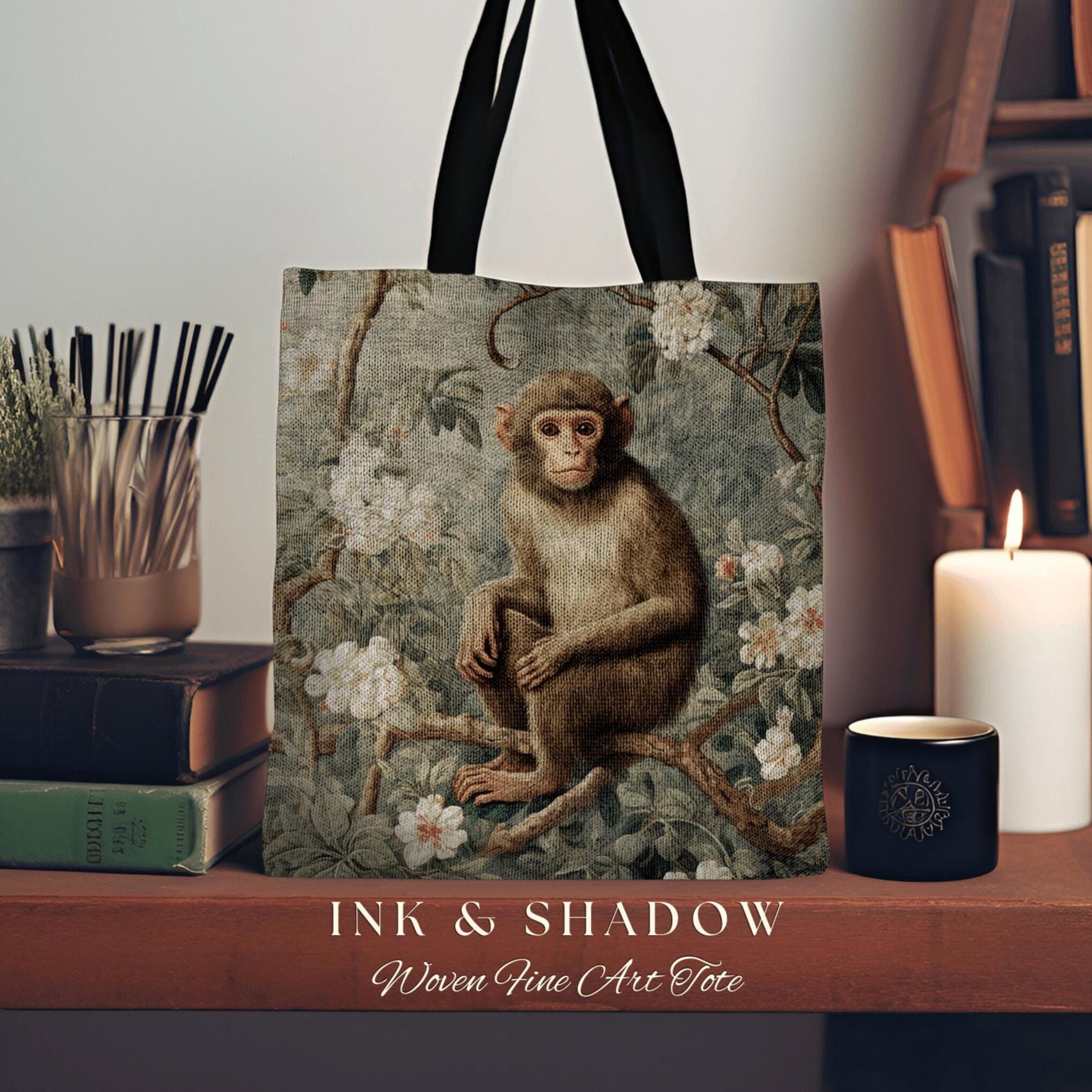Rustic Floral Monkey Tote Bag Vintage Aesthetic Animal Lover Morris Tote Boho Light Goth Victorian Monkey Botanical Tapestry Cottgecore Bag