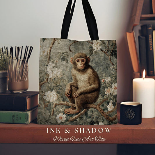 Rustic Floral Monkey Tote Bag Vintage Aesthetic Animal Lover Morris Tote Boho Light Goth Victorian Monkey Botanical Tapestry Cottgecore Bag