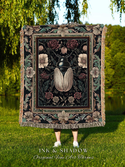 Victorian Gothic Floral Beetle Blanket Vintage Aesthetic Dark Botanical Bug Decor | Macabre Whimsigoth Enchanted Forest Wildflower Tapestry