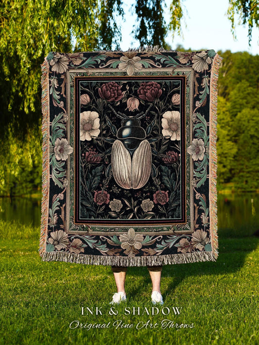 Victorian Gothic Floral Beetle Blanket Vintage Aesthetic Dark Botanical Bug Decor | Macabre Whimsigoth Enchanted Forest Wildflower Tapestry