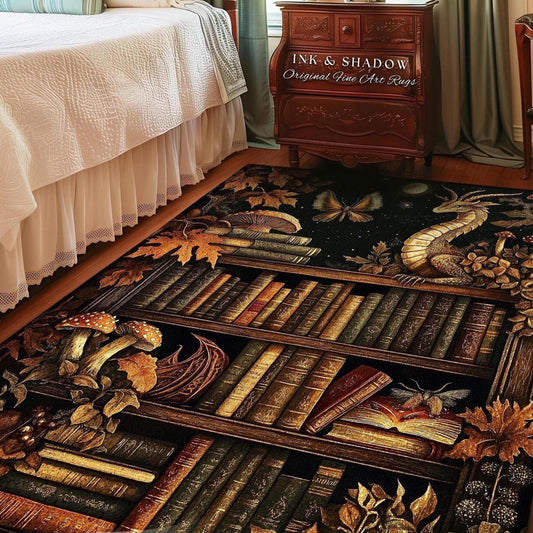 Vintage Dragon Bookshelf Rug Whimsical Dark Academia Folklore Fantasy, Enchanted Forest Mushroom Cottagecore Fairytale Literary Accent Art