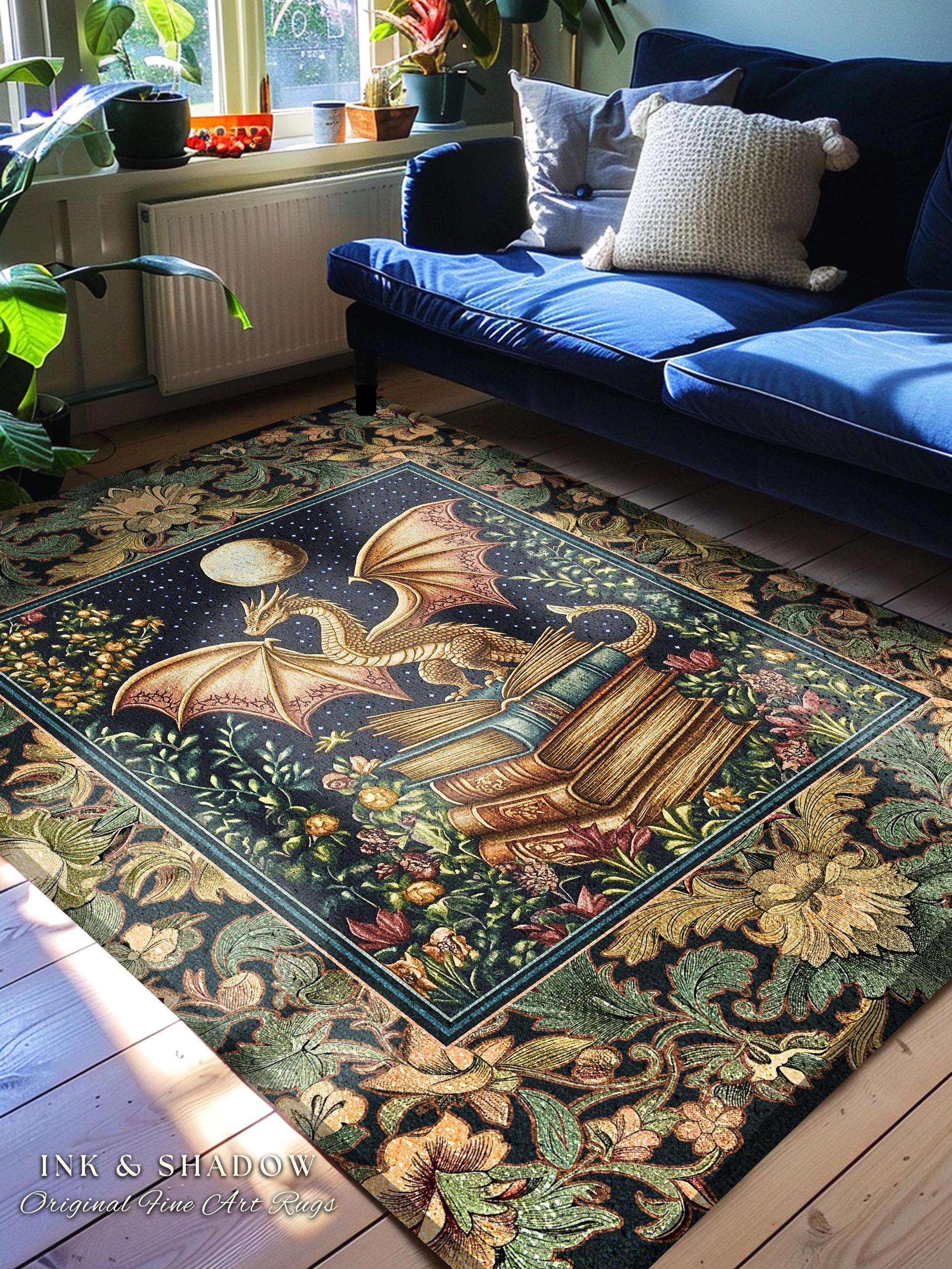 Medieval Library Mystic Dragon Rug | Ethereal Victorian Floral Rug for Book Nook Woodland Fairytale Dark Academia Folklore Style Bedroom |