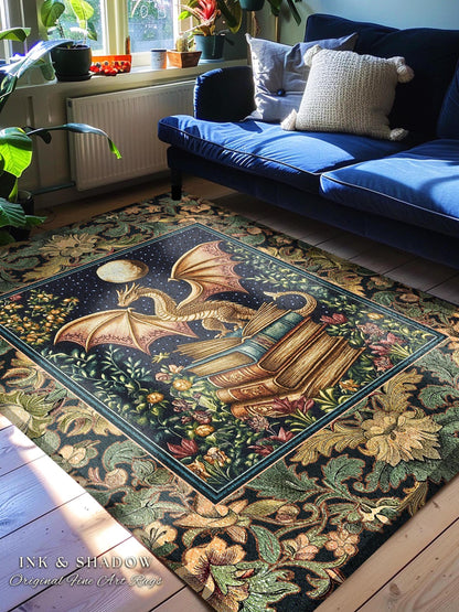 Medieval Library Mystic Dragon Rug | Ethereal Victorian Floral Rug for Book Nook Woodland Fairytale Dark Academia Folklore Style Bedroom |