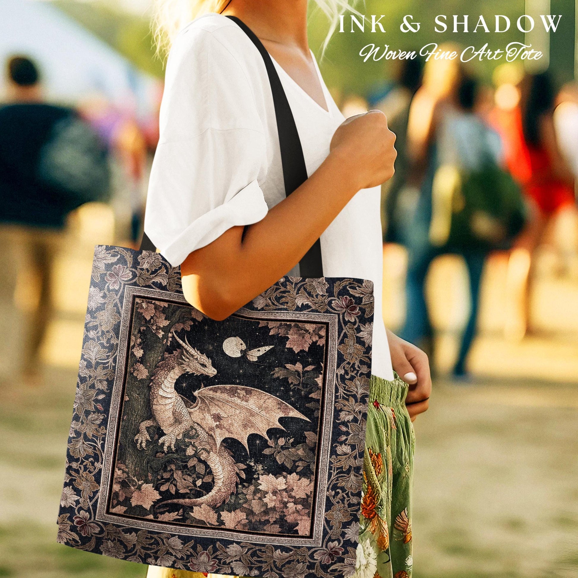 Ethereal Dragon Tapestry Tote Antique Mystical Moonlit Forest Fairytale Decor | Enchanted Fairycore Celestial Night Art Fantasy Woven Bag |