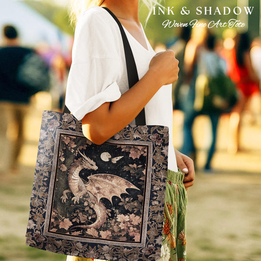 Ethereal Dragon Tapestry Tote Antique Mystical Moonlit Forest Fairytale Decor | Enchanted Fairycore Celestial Night Art Fantasy Woven Bag |