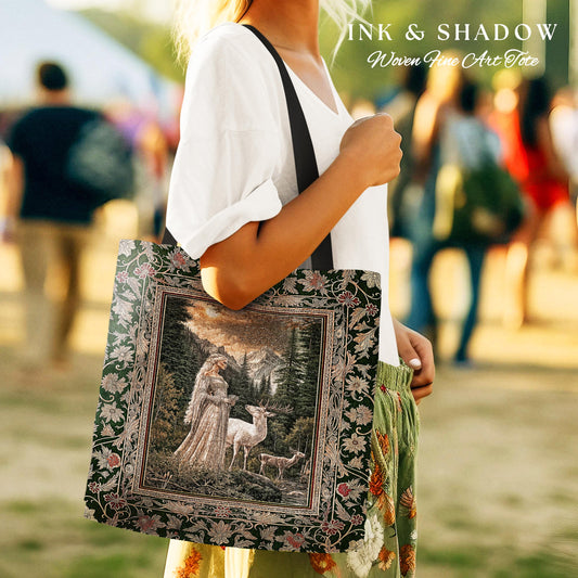 May include: A woven tote bag with a black strap. The bag features a green and black floral design with a framed image of a woman in a white dress holding a white deer in a forest setting. The text &#39;INK & SHADOW Woven Fine Art Tote&#39; is printed on the bag.