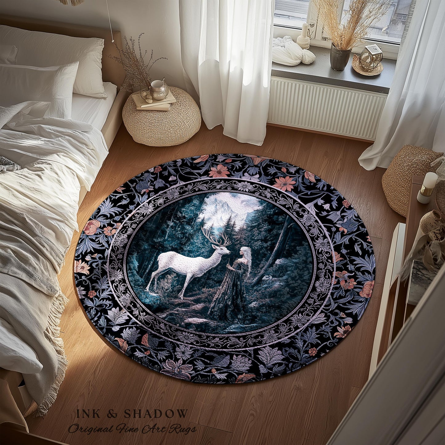 Goddess of the Woods Area Rug | Ethereal Forest Folklore Inspired Nature Accent Rug Botanical Cottagecore Medieval Deer Magic Romantic Decor