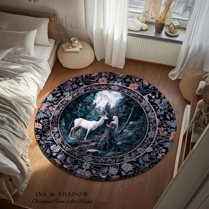 Goddess of the Woods Area Rug | Ethereal Forest Folklore Inspired Nature Accent Rug Botanical Cottagecore Medieval Deer Magic Romantic Decor