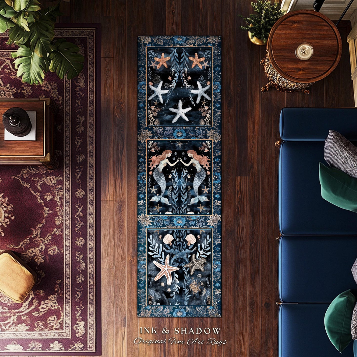 Mystical Midnight Blue Mermaid Rug Floral Oceanic Decor, Art Nouveau Coastal Cottagecore Whimsical Sea Nymph Enchanted Nautical Fantasy Rug
