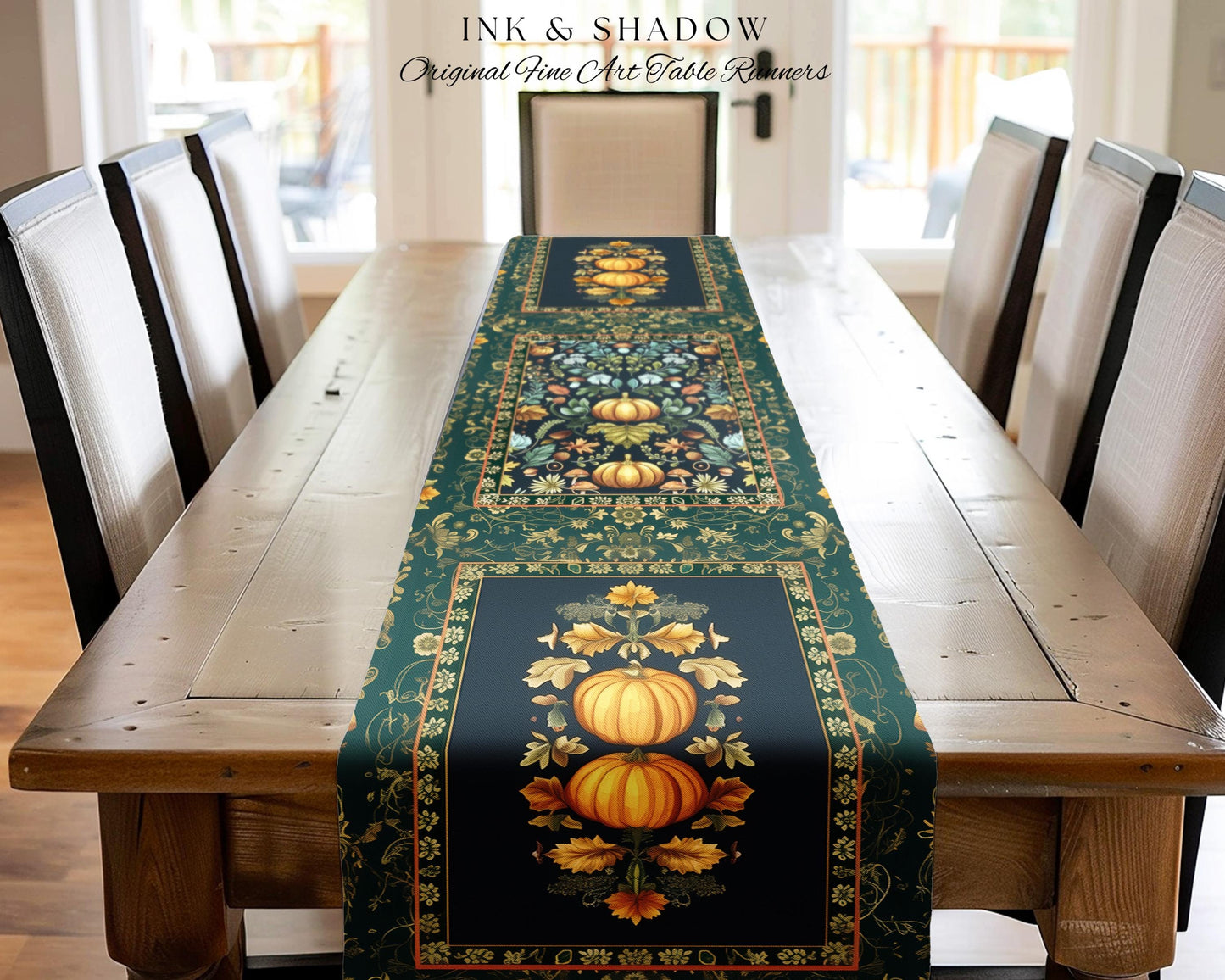 Dark Botanical Pumpkin Table Runner Gothic Decor Autumn Aesthetic | Cozy Cottagecore Rustic Fall Charm Whimsical Pumpkin Vintage Vibes Style