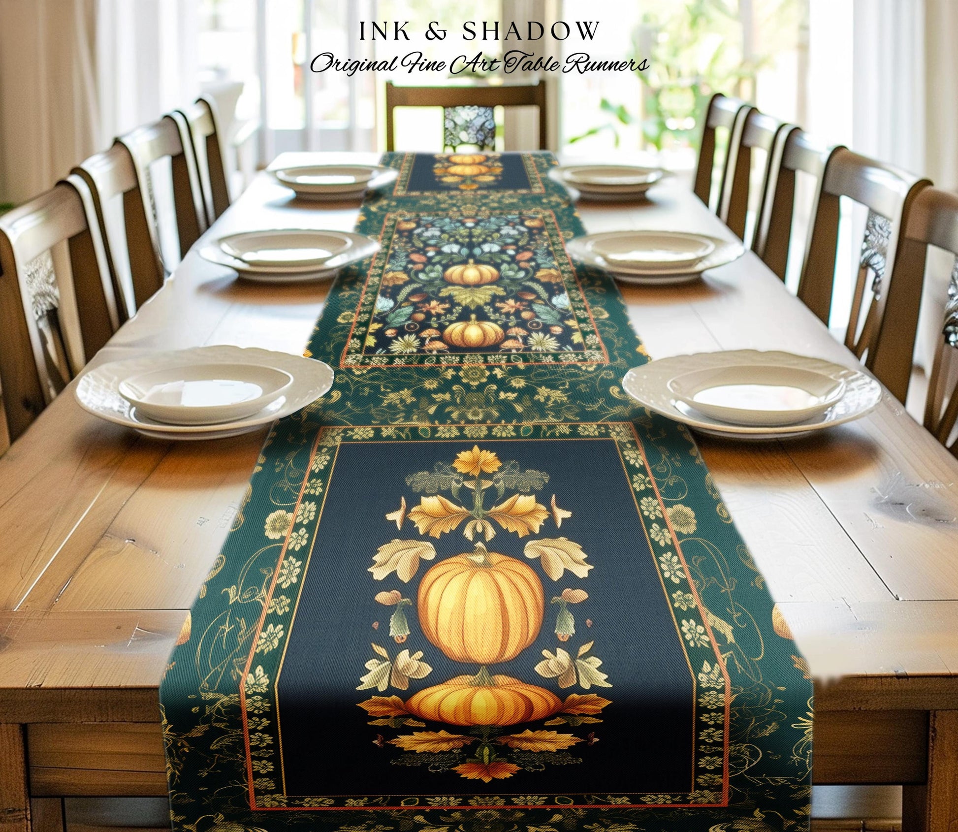 Dark Botanical Pumpkin Table Runner Gothic Decor Autumn Aesthetic | Cozy Cottagecore Rustic Fall Charm Whimsical Pumpkin Vintage Vibes Style