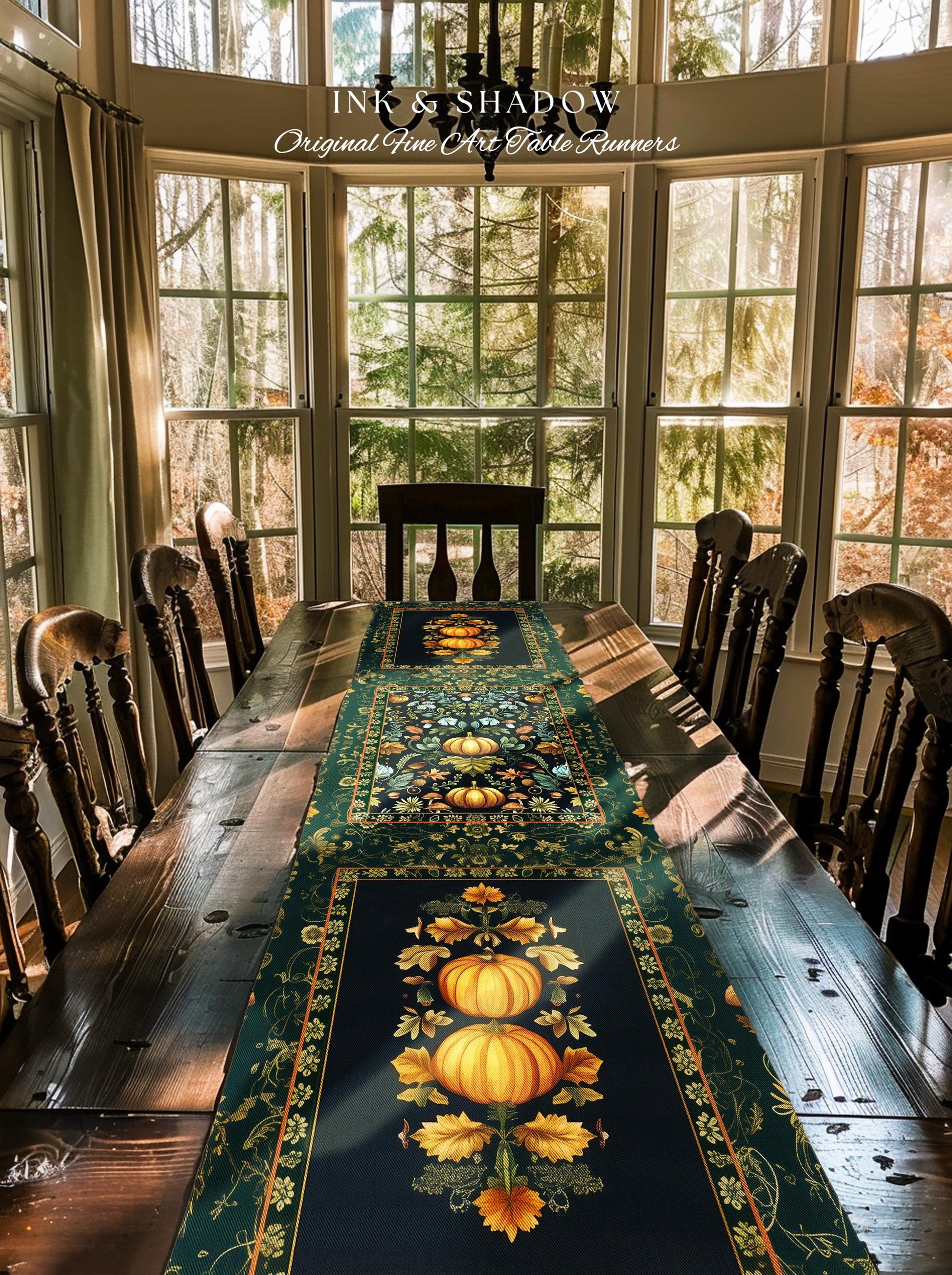 Dark Botanical Pumpkin Table Runner Gothic Decor Autumn Aesthetic | Cozy Cottagecore Rustic Fall Charm Whimsical Pumpkin Vintage Vibes Style