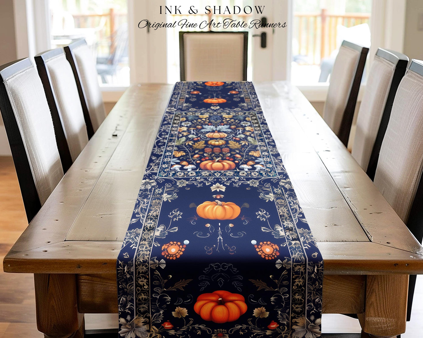 Blue Botanical Pumpkin Table Runner Vintage Aesthetic Autumn Lovers Decor | Fall Decoration Eclectic Dark Academia Elegant Boho Cottagecore