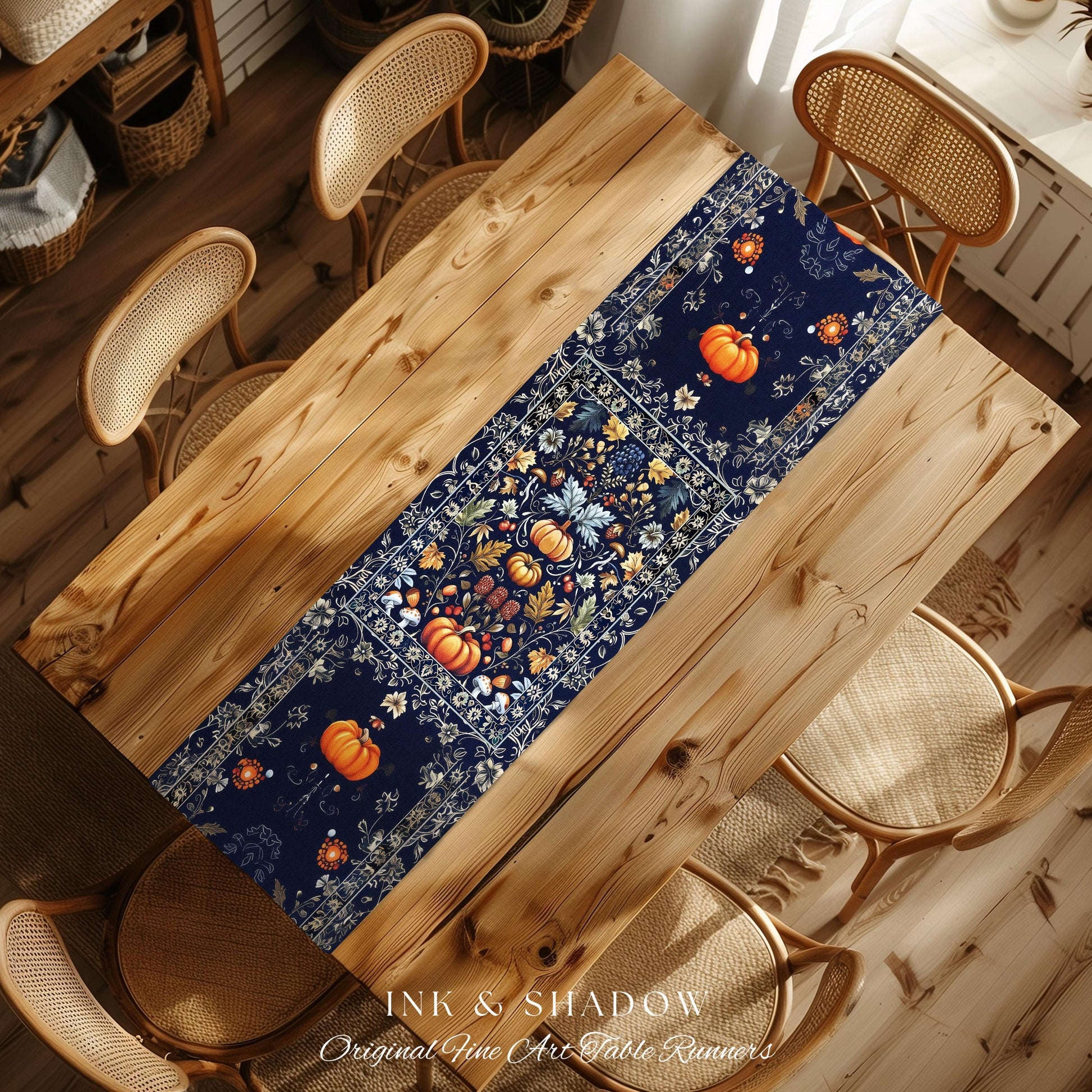 Blue Botanical Pumpkin Table Runner Vintage Aesthetic Autumn Lovers Decor | Fall Decoration Eclectic Dark Academia Elegant Boho Cottagecore
