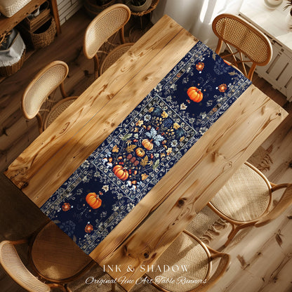 Blue Botanical Pumpkin Table Runner Vintage Aesthetic Autumn Lovers Decor | Fall Decoration Eclectic Dark Academia Elegant Boho Cottagecore