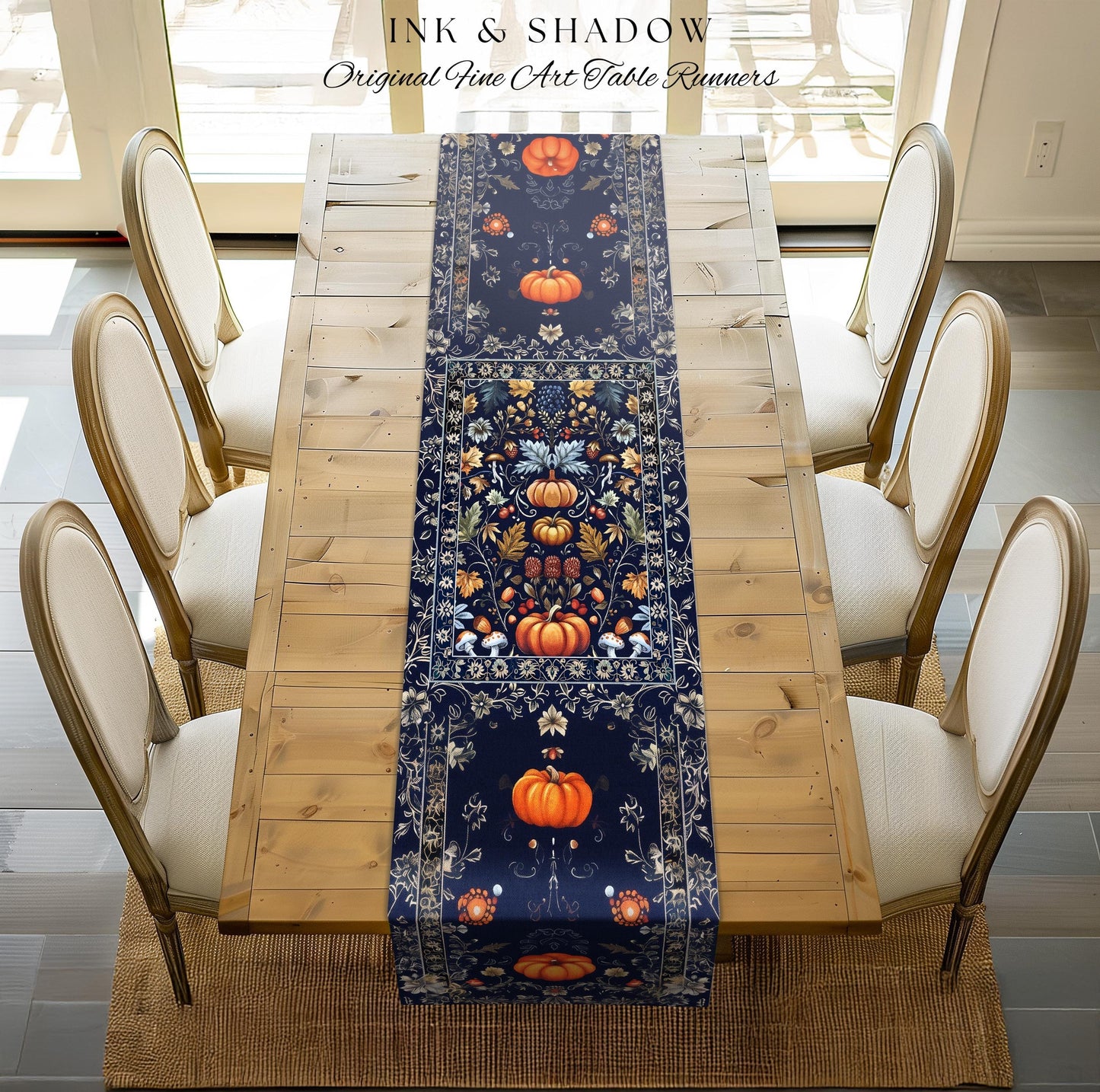 Blue Botanical Pumpkin Table Runner Vintage Aesthetic Autumn Lovers Decor | Fall Decoration Eclectic Dark Academia Elegant Boho Cottagecore
