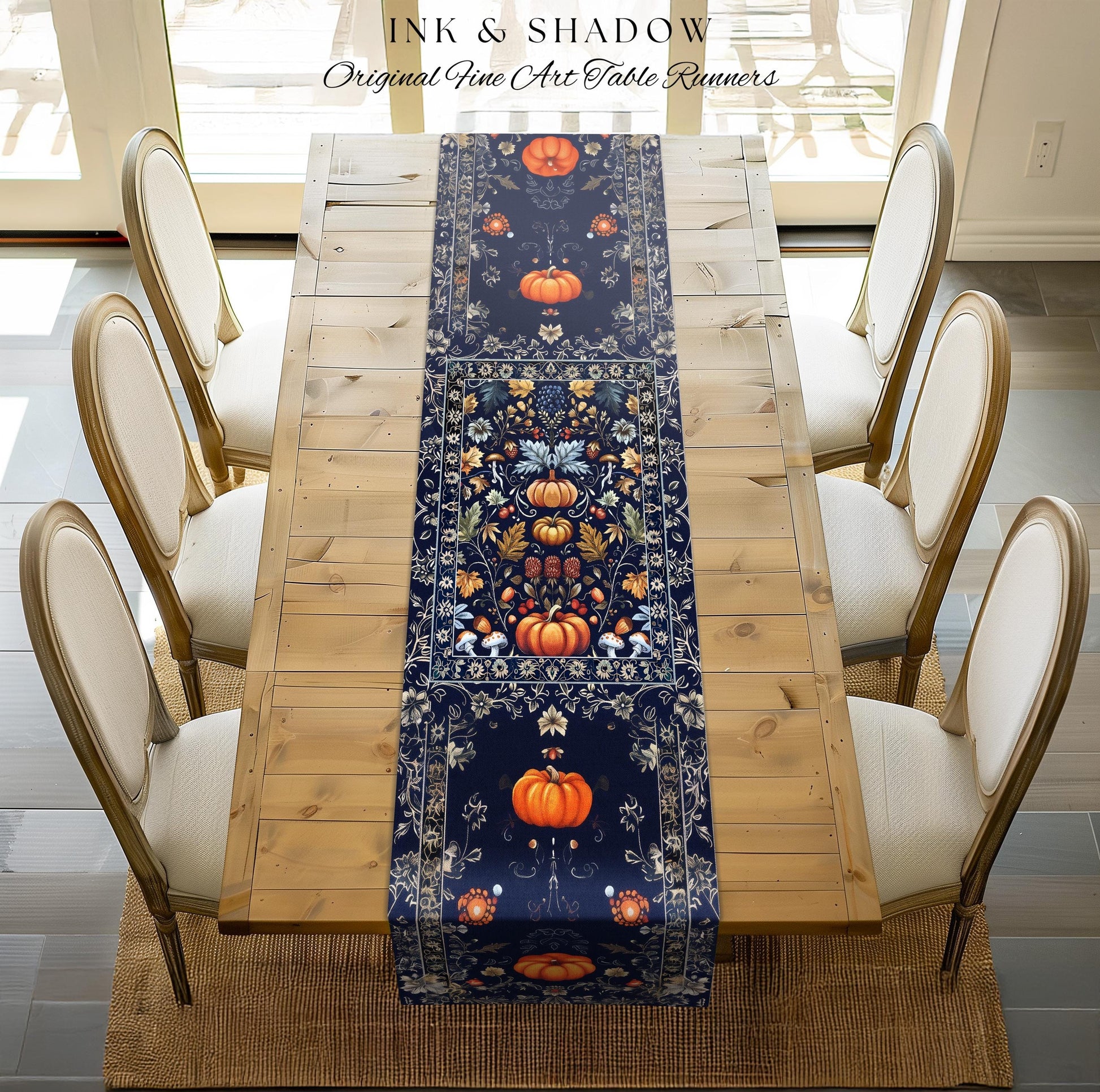 Blue Botanical Pumpkin Table Runner Vintage Aesthetic Autumn Lovers Decor | Fall Decoration Eclectic Dark Academia Elegant Boho Cottagecore
