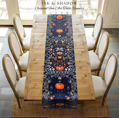 Blue Botanical Pumpkin Table Runner Vintage Aesthetic Autumn Lovers Decor | Fall Decoration Eclectic Dark Academia Elegant Boho Cottagecore