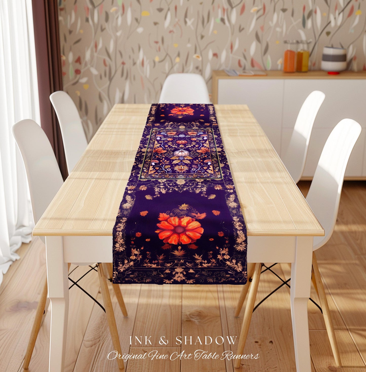 Enchanted Fall Pumpkin Whimsical Floral Table Runner | Dark Cottagecore Moody Botanical Art Purple Halloween Whimsigothic Fairycore Decor |