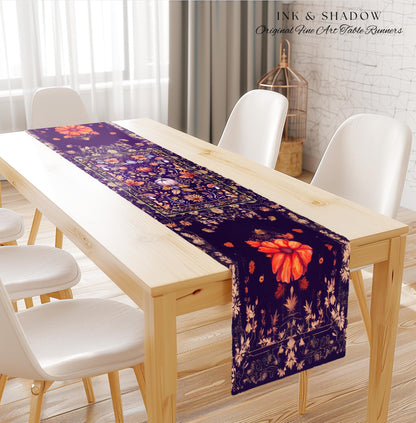 Enchanted Fall Pumpkin Whimsical Floral Table Runner | Dark Cottagecore Moody Botanical Art Purple Halloween Whimsigothic Fairycore Decor |
