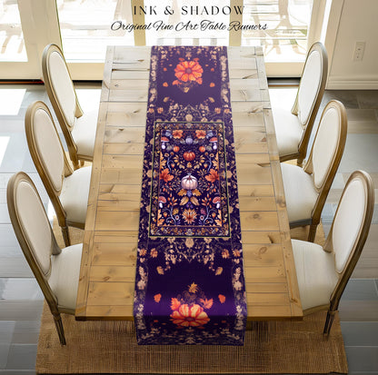 Enchanted Fall Pumpkin Whimsical Floral Table Runner | Dark Cottagecore Moody Botanical Art Purple Halloween Whimsigothic Fairycore Decor |