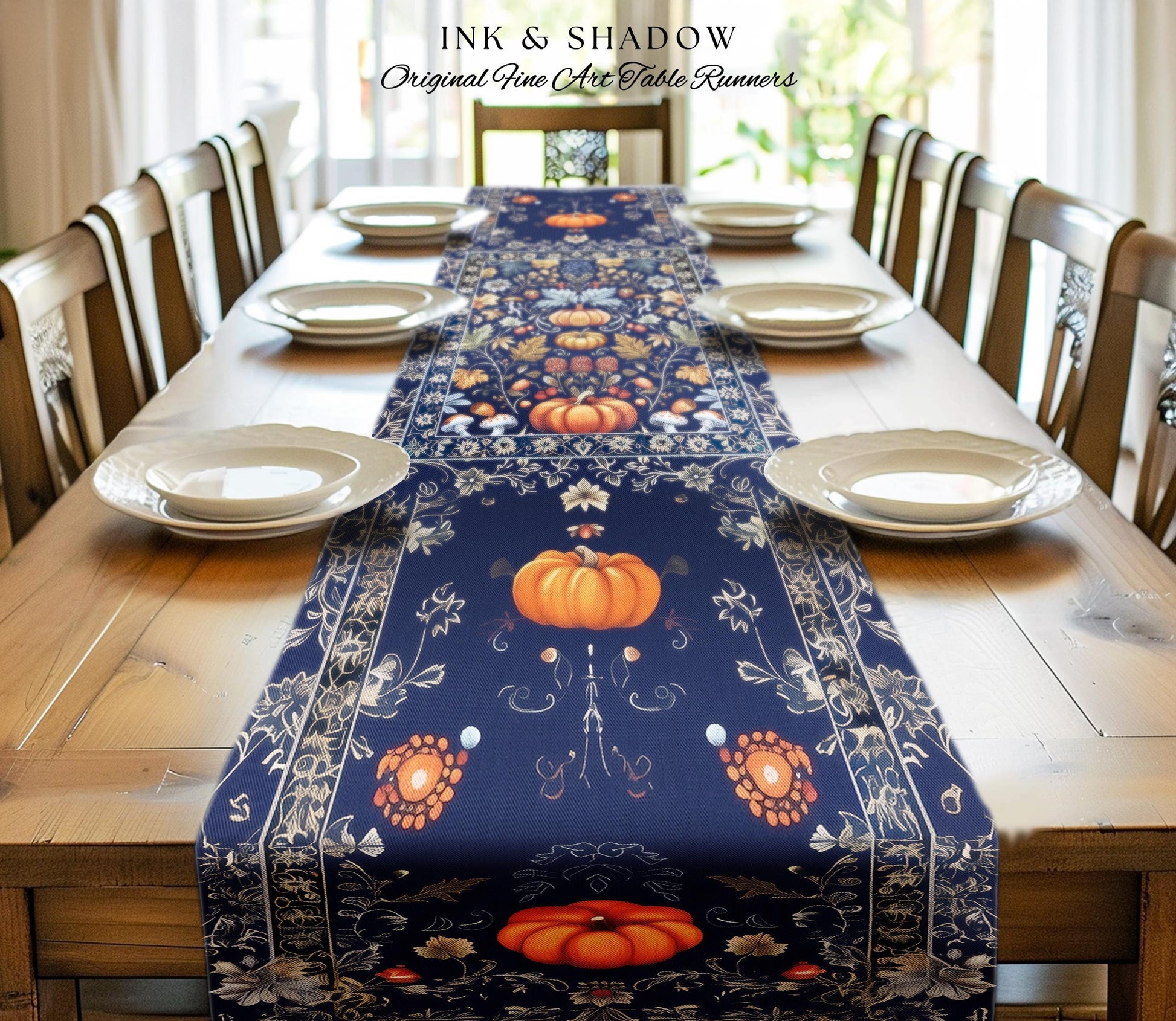 Blue Botanical Pumpkin Table Runner Vintage Aesthetic Autumn Lovers Decor | Fall Decoration Eclectic Dark Academia Elegant Boho Cottagecore